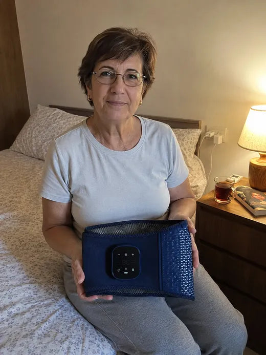 אסתר יושבת על המיטה עם חגורת BackPro